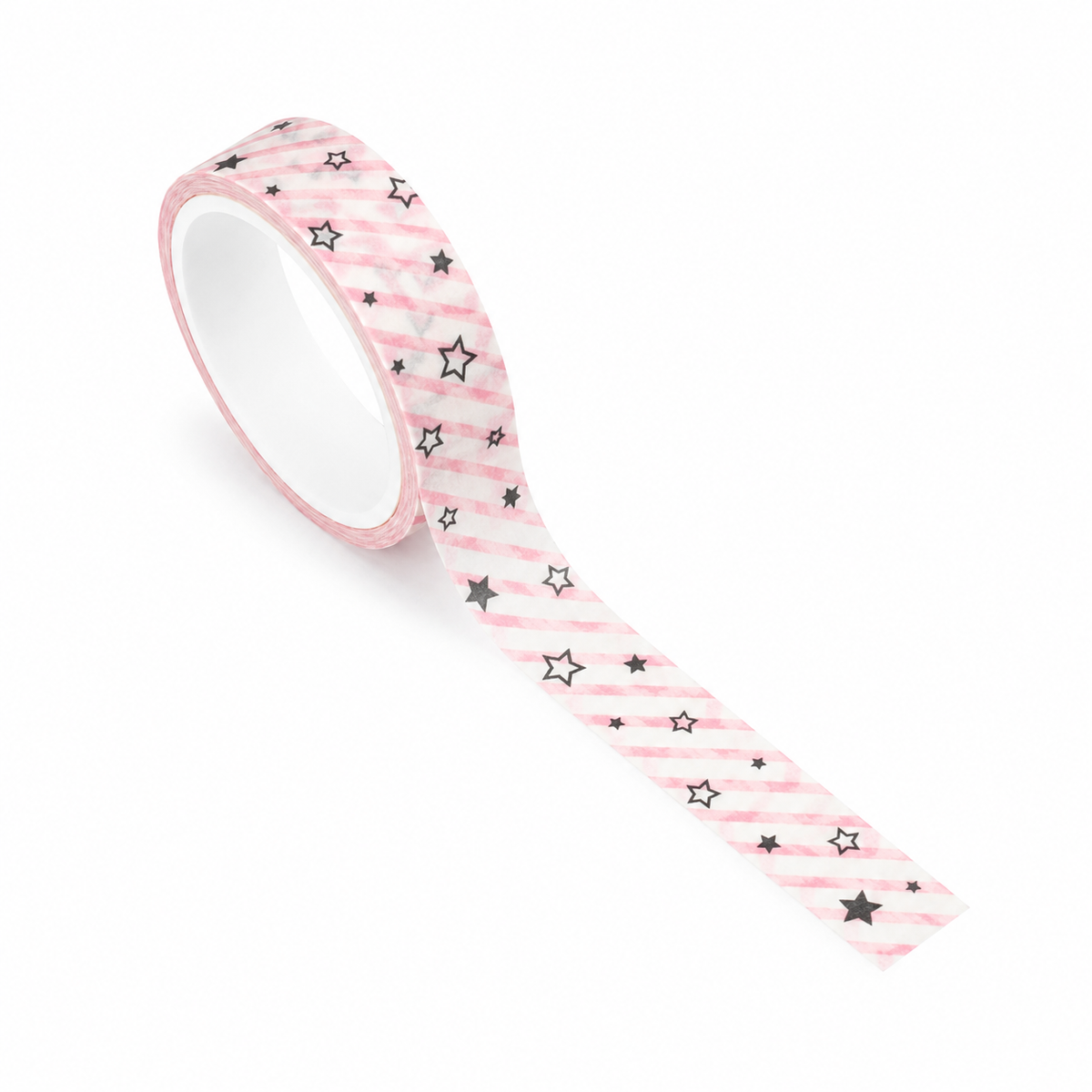 Washi rayé rose et blanc avec étoiles noires