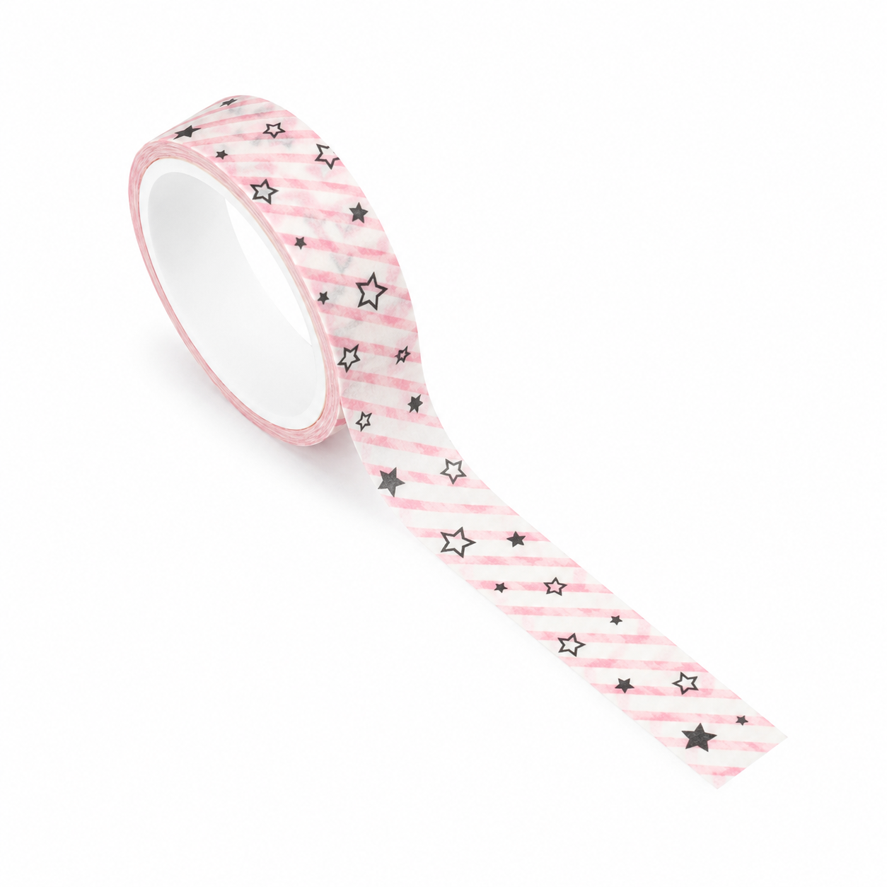 Washi rayé rose et blanc avec étoiles noires